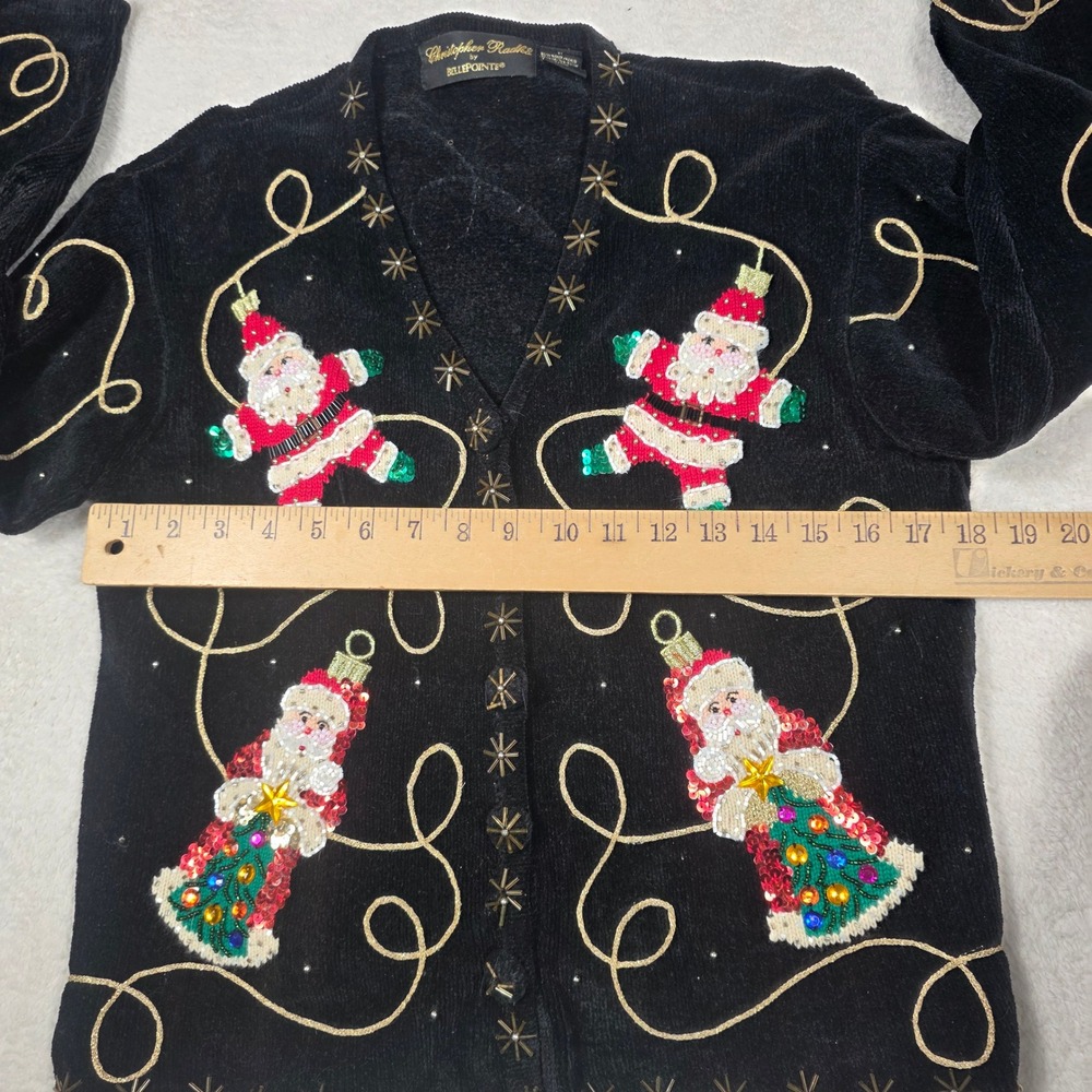 Christopher Radko Cardigan Women Medium Black Santa Sequin Holiday Knit - Picture 5 of 8